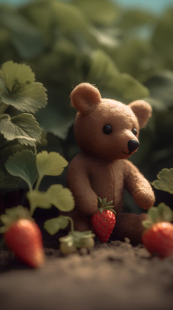 Teddy bear with strawberries on the soil. Toned image.の素材