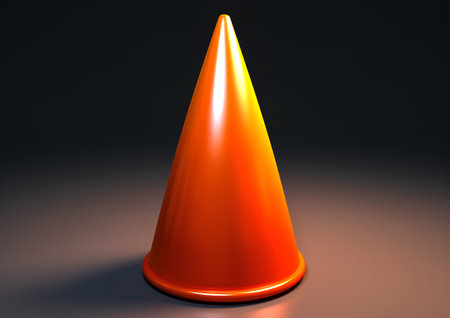 Orange cone on dark background. 3d rendering. Computer digital drawing.の素材