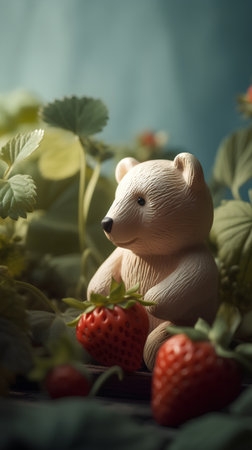 Teddy bear with strawberries on a wooden background. Toned.の素材