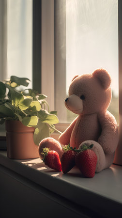 Teddy bear and strawberries on the windowsill. Toned.の素材