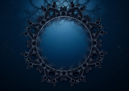 Abstract blue background with round lace frame and place for your text.の素材