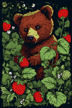 Hand drawn bear in strawberry garden. Vector illustration for your design.の素材
