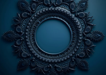 3D blue background with metal ornament and round frame. 3D illustrationの素材