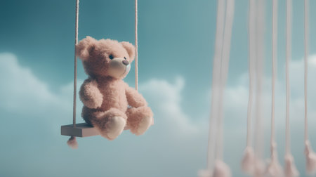 Teddy bear sitting on a swing on the sky background with cloudsの素材