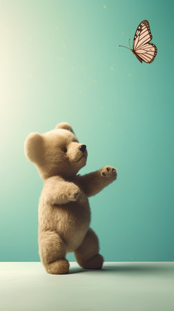 Cute teddy bear with butterfly on green background, retro tonedの素材