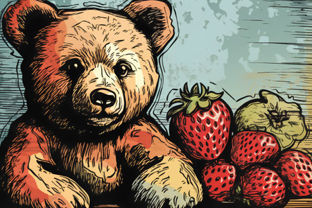 Bear and strawberries. Vector illustration of a bear with strawberries in his hands.の素材
