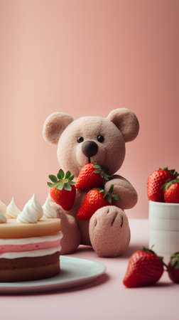 Teddy bear with strawberries and cake on pink background, sweet foodの素材