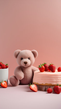 Cute teddy bear doll with strawberries and cake on pink backgroundの素材