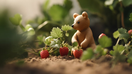 Teddy bear and strawberry in the garden. Gardening concept.の素材