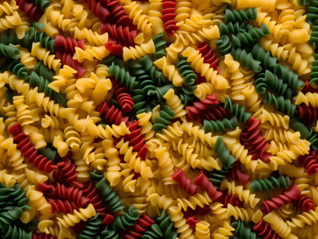 Close up of colorful fusilli pasta background texture. Top view.の素材