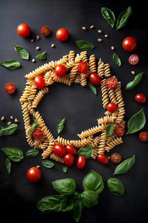 Creative layout made of pasta, cherry tomatoes and basil leaves on black background. Flat lay, top viewの素材