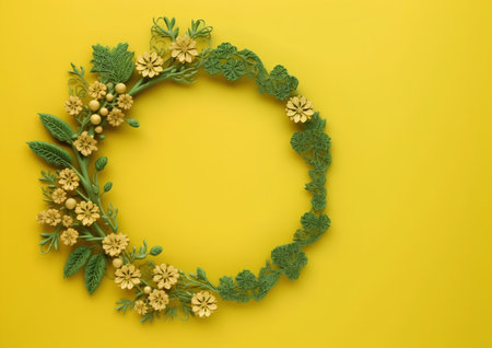 Flower wreath on yellow background. Flat lay, top viewの素材