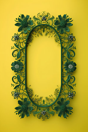 Green floral frame with flowers on yellow background. 3d illustration.の素材