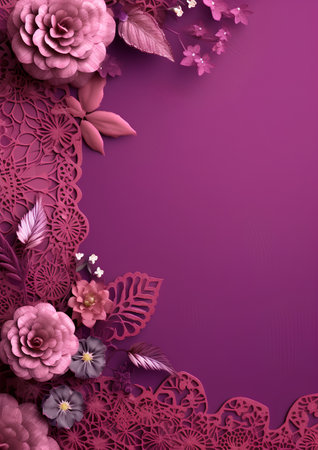 Beautiful floral background with pink flowers, leaves and lace. 3d illustrationの素材