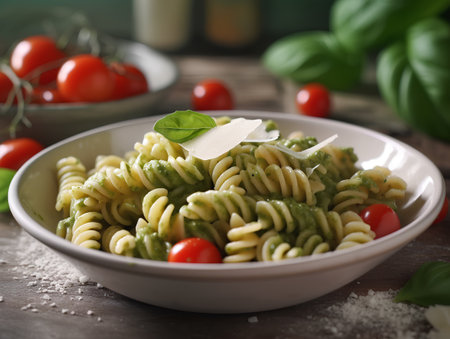 Fusilli pasta with pesto sauce, basil and cherry tomatoesの素材