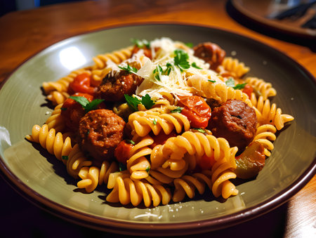 Fusilli pasta with meatballs, tomatoes and parmesanの素材