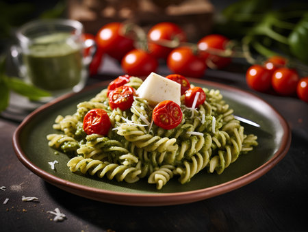 Fusilli pasta with pesto sauce, parmesan cheese and cherry tomatoesの素材