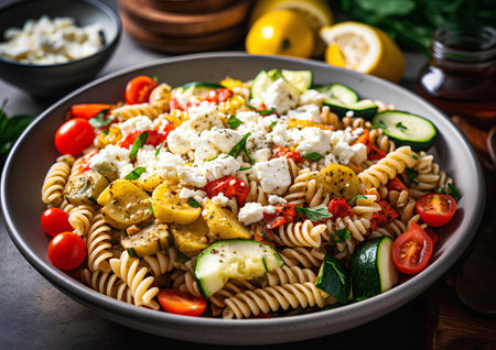 Fusilli pasta salad with vegetables, feta cheese and herbsの素材
