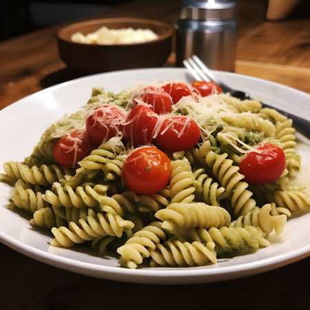 pasta with pesto sauce and cherry tomatoes on a wooden tableの素材