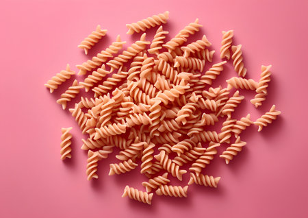 Fusilli pasta on a pink background, top view, flat layの素材