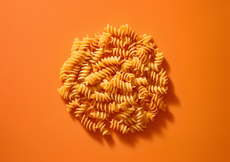 Fusilli pasta on orange background. Flat lay, top viewの素材