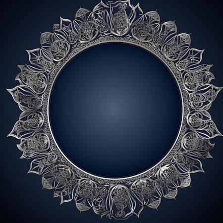 Vintage round frame with lace pattern on a dark blue background.の素材