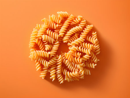 Fusilli pasta spiral shape on orange background, top view.の素材