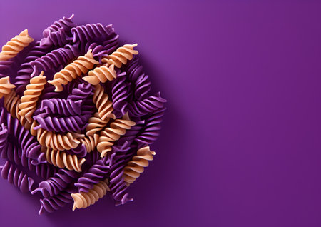 Fusilli pasta on a purple background. 3d rendering.の素材