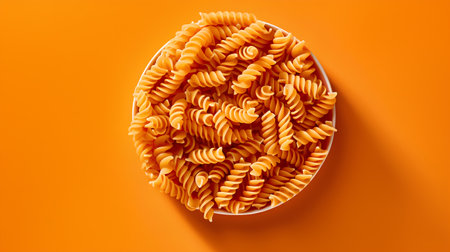 Uncooked fusilli pasta in bowl on orange background, top viewの素材