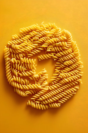 Fusilli pasta on a yellow background. Flat lay, top view.の素材