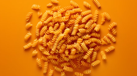 Fusilli pasta on orange background. Top view. Minimal food concept.の素材