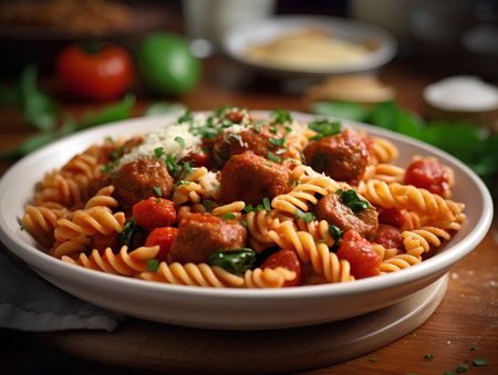 Fusilli pasta with meatballs, tomato sauce and parsleyの素材