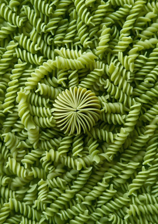 Green fusilli pasta on green background. Top view. Close up.の素材
