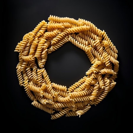 Uncooked Italian pasta fusilli on black background, top viewの素材
