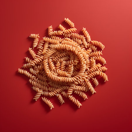 Fusilli pasta on red background. Top view, flat layの素材
