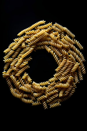 Fusilli pasta in the form of a circle on a black backgroundの素材