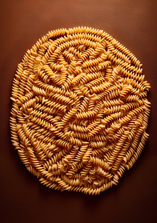Fusilli pasta spiral shape on brown background. Top view.の素材