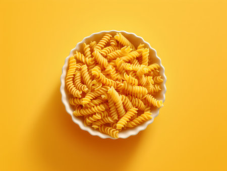 Fusilli pasta in white bowl on yellow background, top viewの素材