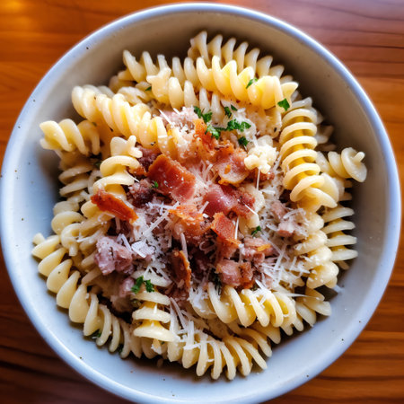 Fusilli pasta with bacon and parmesan cheese in a bowlの素材