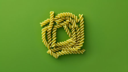 Letter O made of pasta on green background, top view. Minimal food conceptの素材