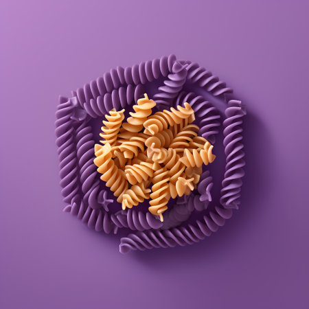 Fusilli pasta in shape of heart on purple background. 3d renderingの素材