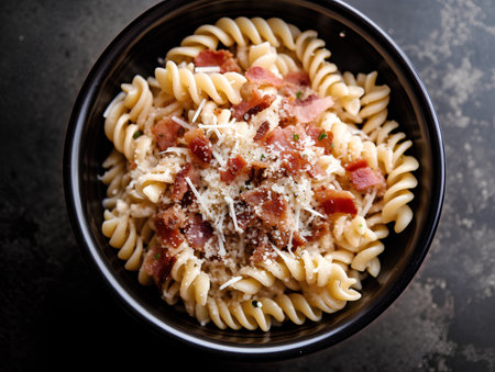 Pasta fusilli with bacon and parmesan. Italian food.の素材