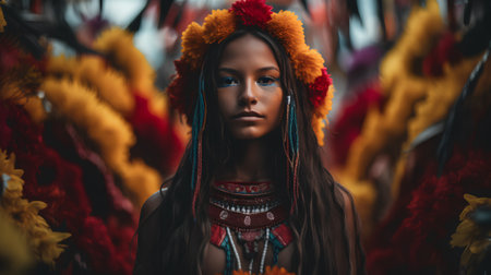 Portrait of a beautiful young woman in traditional indian costume with flowersの素材
