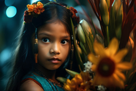 Portrait of a beautiful little girl with flowers in her hair.の素材