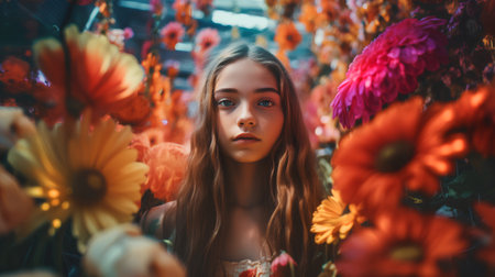 Portrait of a beautiful young girl with flowers in a flower shopの素材