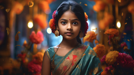 Portrait of a beautiful young Indian girl wearing sari and holding diya.の素材