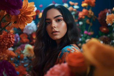 Portrait of a beautiful brunette woman surrounded by colorful flowers.の素材