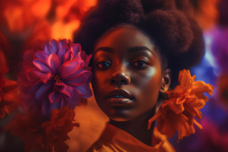 Beautiful african american woman with flowers. Portrait of fashion model with afro hairstyle.の素材