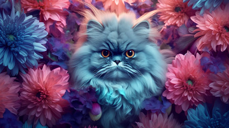 Cute persian cat among flowers. Fluffy pet. Digital painting.の素材