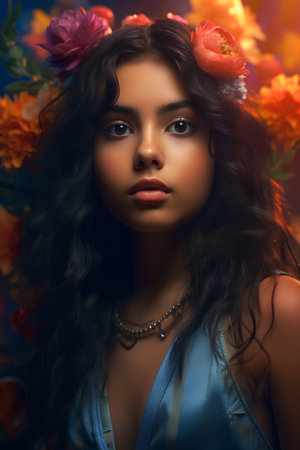 Portrait of a beautiful young woman with flowers in her hair.の素材